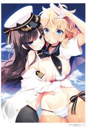 Rule 34 | 2girls, absurdres, artist name, asymmetrical docking, bikini, black eyes, black hair, black legwear, blonde hair, blue eyes, breast press, breasts, byulzzi, cherry, choker, cowboy shot, food, from side, fruit, gloves, grin, half gloves, hat, highres, large breasts, looking at viewer, military, military hat, military uniform, mouth hold, multiple girls, non-web source, off shoulder, original, pantyhose, sailor collar, saliva, saliva trail, scan, side-tie bikini bottom, smile, string bikini, striped bikini, striped clothes, swimsuit, tan, tanline, thigh gap, tongue, tongue out, uniform, wet, white gloves