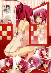 Rule 34 | 1girl, absurdres, ass, bare shoulders, black eyes, breasts, calendar (object), camisole, cleavage, hair bun, hair ornament, hairclip, highres, leaning forward, long hair, mirror, original, panties, photo (object), pink panties, ponytail, red hair, refeia, reflection, scan, single hair bun, sitting, solo, stool, underwear