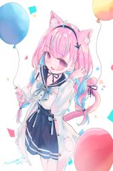 Rule 34 | 1girl, absurdres, ahoge, animal ear fluff, animal ears, balloon, blue hair, blue skirt, blue sky, blush, braid, breasts, cat ears, cat girl, cat tail, colored inner hair, commentary request, frilled sailor collar, frills, hairband, highres, holding, holding balloon, hololive, huge filesize, long sleeves, looking at viewer, medium breasts, minato aqua, minato aqua (sailor), multicolored hair, pink eyes, pink hair, sailor collar, school uniform, serafuku, shin murasame, shirt, skirt, sky, smile, solo, tail, twin braids, twintails, virtual youtuber, white background, white shirt