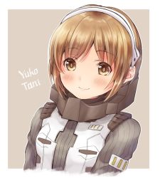 Rule 34 | 1girl, blush, bodysuit, breasts, brown eyes, brown hair, godzilla: planet of the monsters, godzilla (series), goshipiumu, hazmat suit, headband, military, military uniform, polygon pictures, small breasts, smile, spacesuit, tactical clothes, tani yuko, toho, uniform