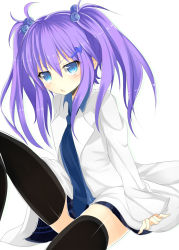 Rule 34 | 1girl, arm support, black thighhighs, blue eyes, blush, female focus, gradient background, hair bobbles, hair ornament, hairclip, highres, kakao (chocolate land), lab coat, necktie, open mouth, original, plaid, plaid skirt, purple hair, simple background, sitting, skirt, solo, thighhighs, twintails, white background, yukaribe setsuko, zettai ryouiki
