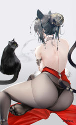 Rule 34 | 1girl, animal ears, arknights, ass, back, backboob, bare shoulders, black cat, black hair, breasts, cat, cat ears, cat tail, clothing aside, feet, highres, large breasts, legs, leotard, leotard aside, omone hokoma agm, pantyhose, schwarz (arknights), signature, sitting, tail, thighs, thong