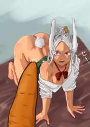 Rule 34 | 1girl, absurdres, all fours, animal ears, ass, barefoot, blush, boku no hero academia, bow, bowtie, breasts, carrot, carrot hair ornament, cleavage, collarbone, dark-skinned female, dark skin, food-themed hair ornament, green skirt, hair bun, hair ornament, highres, large breasts, long eyelashes, long hair, looking at object, mirko, nb2kyfv8vhie06g, no panties, off shoulder, open mouth, parted bangs, plaid, plaid bow, plaid bowtie, rabbit ears, rabbit girl, rabbit tail, red eyes, sexually suggestive, shirt, single bare shoulder, skirt, sleeves rolled up, solo, sweat, tail, teeth, thighs, white hair, white nails, white shirt