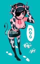 Rule 34 | 1girl, alternate costume, animal ears, animal print, bare shoulders, ben-day dots, bikini, bikini top only, black choker, black hair, black skirt, blush, breasts, chainsaw man, choker, claireiosity, cleavage, collar, cow, cow ears, cow girl, cow horns, cow print, cow tail, cowbell, elbow gloves, english text, eyebrows, eyelashes, eyepatch, female focus, footprints, full body, gloves, green background, green eyes, hair between eyes, highres, himeno (chainsaw man), horns, large breasts, looking at viewer, one eye covered, open mouth, pale skin, screentones, short hair, simple background, skirt, solo, speech bubble, standing, swimsuit, tail, teeth, thighhighs