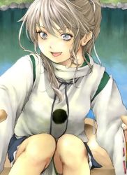 Rule 34 | 1girl, blue eyes, feet out of frame, hat, japanese clothes, kariginu, knees together feet apart, long hair, looking at viewer, mononobe no futo, open mouth, pom pom (clothes), ponytail, sasaka1185, sitting, skirt, smile, solo, tate eboshi, touhou, wide sleeves