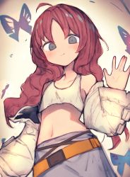 Rule 34 | 1girl, arknights, bare shoulders, blush, bug, butterfly, coat, collarbone, cowboy shot, crop top, grey eyes, hand up, highres, insect, long hair, looking at viewer, myrtle (arknights), navel, pan nap, purple skirt, red hair, shirt, skirt, solo, standing, stomach, two-sided coat, two-sided fabric, white coat, white shirt