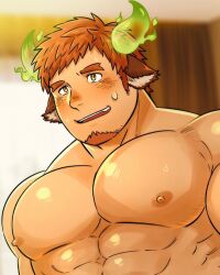 Rule 34 | 1boy, abs, animal ears, arms at sides, bara, blush, brown hair, cow boy, cow ears, cow horns, daisukebear, eye black, facial hair, fiery horns, forked eyebrows, glowing horns, highres, horns, indoors, large pectorals, long sideburns, looking ahead, male focus, muscular, muscular male, nervous smile, nipples, nude, paid reward available, pectorals, short hair, sideburns, sideburns stubble, smile, solo, spiked hair, stubble, sweat, sweatdrop, thick eyebrows, tokyo houkago summoners, upper body, wakan tanka