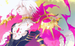 Rule 34 | 1boy, armor, bishounen, blue eyes, chest jewel, collar, collarbone, colored skin, eyeshadow, fate/apocrypha, fate/grand order, fate (series), fur collar, hair between eyes, karna (fate), looking to the side, makeup, male focus, okii (oh ki ik), solo, spiked collar, spikes, toned, toned male, upper body, white hair, white skin