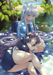 2girls bag basket black_shirt blue_archive blue_buruma blue_jacket bottle breasts buruma closed_eyes closed_mouth day grey_hair halo highres id_card jacket kagura_hiromu leaf long_hair mechanical_halo medium_breasts multiple_girls noa_(blue_archive) official_alternate_costume open_mouth outdoors purple_eyes purple_hair shirt sleeping smile track_jacket tree yuuka_(blue_archive) yuuka_(track)_(blue_archive)