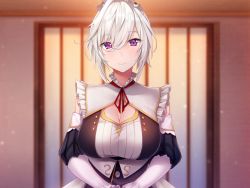 Rule 34 | 1girl, azarashi soft, blush, breasts, cleavage, cleavage cutout, closed mouth, clothing cutout, detached collar, detached sleeves, elbow gloves, eve (maid-san no iru kurashi), female focus, game cg, gloves, hair between eyes, hair bun, highres, indoors, large breasts, light smile, looking at viewer, maid, maid-san no iru kurashi, maid headdress, own hands together, pink eyes, single hair bun, smile, solo, upper body, white hair, yaman