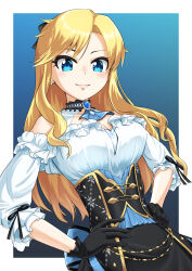Rule 34 | 1girl, absurdres, bare shoulders, black gloves, blonde hair, blue eyes, bravery47, breasts, brooch, choker, cleavage, closed mouth, corset, covered collarbone, dress, earrings, frilled dress, frills, gloves, hands on own hips, highres, idolmaster, idolmaster cinderella girls, idolmaster cinderella girls starlight stage, jewelry, long hair, looking at viewer, medium breasts, off-shoulder dress, off shoulder, ohtsuki yui, outside border, revision, sidelocks, simple background, smile, solo, swept bangs, upper body, wavy hair