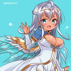 Rule 34 | &gt;:d, 1girl, :d, ahoge, andromeda (p&amp;d), bad id, bad pixiv id, blue eyes, blue hair, blush, breasts, capelet, cleavage, dark-skinned female, dark skin, dress, feathered wings, female focus, large breasts, long hair, long sleeves, mashiro miru, matching hair/eyes, open mouth, puzzle &amp; dragons, smile, solo, tiara, twitter username, v-shaped eyebrows, wings