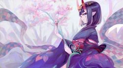 Rule 34 | 1girl, black kimono, bob cut, breasts, eyeliner, fate/grand order, fate (series), floral print, headpiece, highres, horn ornament, horn ring, horns, japanese clothes, kimono, long sleeves, looking at viewer, lostroom outfit (fate), lousun, makeup, obi, oni, purple eyes, purple hair, sash, short hair, shuten douji (fate), shuten douji (lostroom outfit) (fate), skin-covered horns, small breasts, smile, solo, wide sleeves