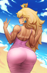 Rule 34 | 1girl, ass, bare arms, bare shoulders, beach, blonde hair, blue eyes, breasts, closed mouth, crown, double v, dress, earrings, from behind, gakibaki, hands up, highres, horizon, huge ass, jewelry, large breasts, lips, long hair, looking at viewer, looking back, mario (series), nintendo, ocean, outdoors, pink lips, princess peach, sleeveless, sleeveless dress, solo, super mario bros. 1, tan, tanline, v