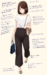 Rule 34 | 1girl, absurdres, arrow (symbol), bag, black pants, blue nails, blush, bob cut, brown background, brown eyes, brown footwear, brown hair, closed mouth, commentary request, highres, holding, holding bag, kapatarou, looking at viewer, nail polish, original, pants, sandals, shirt, short hair, short sleeves, shoulder bag, simple background, smile, solo, translation request, walking, white shirt