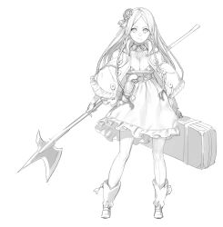 Rule 34 | 1girl, absurdres, boots, braid, breasts, cape, capelet, cleavage, closed mouth, enkyo yuuichirou, forehead, frilled skirt, frills, fringe trim, full body, greyscale, halberd, highres, holding, holding weapon, long hair, looking at viewer, medium breasts, monochrome, pantyhose, parted bangs, pixiv fantasia, pixiv fantasia last saga, polearm, side braids, simple background, skirt, solo, standing, suitcase, twin braids, very long hair, weapon, white background