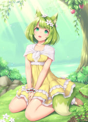 Rule 34 | 1girl, :d, animal ear fluff, animal ears, bare legs, blush, bob cut, breasts, brown footwear, capelet, collarbone, commentary request, day, dress, flower, food, fox ears, fox tail, fruit, green eyes, green hair, head tilt, head wreath, highres, light rays, looking at viewer, medium breasts, open mouth, original, outdoors, plant, sasaame, shoes, short hair, sitting, smile, solo, sunbeam, sunlight, tail, tree, v arms, wariza, white capelet, white flower, wrist cuffs, yellow dress