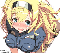 Rule 34 | 1girl, bent over, blonde hair, blue eyes, blue shirt, blush, breast pocket, breasts, collared shirt, cowboy shot, gambier bay (kancolle), hairband, highres, kantai collection, laco soregashi, large breasts, looking at viewer, one-hour drawing challenge, pocket, shirt, simple background, solo, thighhighs, twintails, twitter username, white background, white thighhighs
