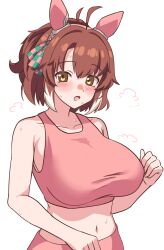 Rule 34 | 1girl, animal ears, blush, breasts, brown eyes, brown hair, collarbone, commentary request, dantsu flame (umamusume), hair between eyes, hair ornament, highres, horse ears, horse girl, large breasts, looking at viewer, midriff, navel, open mouth, solo, steaming body, sweat, umamusume, white background, xiang (user tfpn4322)