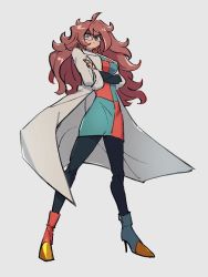 Rule 34 | 1girl, android 21, asymmetrical footwear, blue eyes, blue footwear, boots, checkered clothes, checkered dress, crossed arms, dragon ball, dragon ball fighterz, dress, earrings, full body, glasses, grey background, hoop earrings, jewelry, kemachiku, lab coat, long hair, looking at viewer, pantyhose, red footwear, simple background, solo, standing