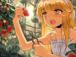 Rule 34 | 1girl, blonde hair, blush, blush stickers, dress, flower, food, fruit, greenhouse, hanging plant, highres, holding, holding scissors, jewelry, leaf, long hair, nature, necklace, open mouth, original, oyasumi guu guu, pointy ears, scissors, solo, spaghetti strap, strawberry, strawberry plant, white dress, yellow eyes