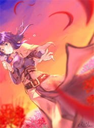 Rule 34 | 1girl, belt, blue eyes, blush, brown belt, brown capelet, brown dress, capelet, chest guard, closed mouth, commentary request, crying, crying with eyes open, dress, egnigem cenia, feet out of frame, flower, highres, holding, holding flower, long hair, looking at viewer, purple hair, ragnarok masters, ragnarok online, red flower, reihou19, signature, smile, solo, spider lily, swordsman (ragnarok online), tears, upper body, white flower, white spider lily