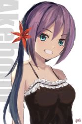 Rule 34 | 10s, akebono (kancolle), bare shoulders, blue eyes, camisole, collarbone, commentary request, flower, grin, hair flower, hair ornament, kantai collection, looking at viewer, one-hour drawing challenge, purple hair, side ponytail, smile, spaghetti strap, yanagi wakana