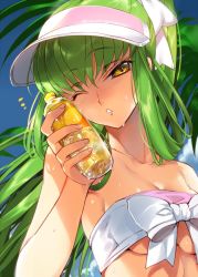 Rule 34 | 1girl, ;o, artist name, bare arms, bare shoulders, bikini, blue sky, blush, bottle, bow, breasts, c.c., code geass, collarbone, creayus, day, green hair, hat, head tilt, holding, holding bottle, long hair, looking at viewer, one eye closed, palm tree, parted lips, plant, sky, solo, strapless, strapless bikini, summer, swimsuit, tree, underboob, upper body, very long hair, visor cap, white bikini, white bow, white hat, yellow eyes