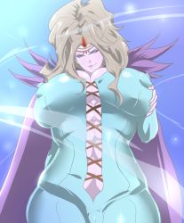 Rule 34 | 1girl, blonde hair, bodysuit, breasts, cameltoe, circlet, covered erect nipples, covered navel, dragon quest, dragon quest xi, green eyes, hand on own hip, highres, huge breasts, huge nipples, krystalinda, lips, lizlette, long hair, looking down, naughty face, nipples, purple background, raised eyebrows, simple background, solo, tagme, tenchi