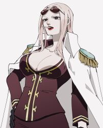 Rule 34 | 1girl, black gloves, breasts, cigarette, cleavage, coat, collared coat, commentary request, cowboy shot, epaulettes, eyewear on head, from below, gloves, hand on own hip, highres, hina (one piece), jacket, long hair, looking ahead, oh imo, one piece, pink hair, red lips, sidelocks, simple background, smoke, upper body, white background, white coat