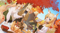 Rule 34 | 1boy, 3girls, :t, animal ear fluff, animal ears, aran sweater, arknights, aunt and niece, autumn leaves, basket, black bow, black choker, black pantyhose, blemishine (arknights), blue eyes, blue shirt, blue sky, bottle, bow, bread, breasts, bright pupils, brown jacket, cable knit, cake, choker, cup, day, dutch angle, eating, extra ears, food, gogatsu fukuin, grass, green skirt, hair bow, highres, holding, holding cup, holding food, horse boy, horse ears, horse girl, horse tail, jacket, kneeling, leaf, lofter username, long hair, long sleeves, looking at viewer, maple leaf, mlynar (arknights), multiple girls, nearl (arknights), open clothes, open jacket, open mouth, orange eyes, outdoors, pantyhose, picnic, pinecone, ponytail, reading, shirt, short hair, siblings, sidelocks, sisters, sitting, skirt, sky, small breasts, sweater, tail, twitter username, uncle and niece, very long hair, weibo username, whislash (arknights), white pupils, white sweater, yellow eyes