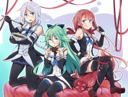 Rule 34 | 10s, 3girls, :q, black gloves, black serafuku, blue eyes, braid, candy, chocolate, chocolate heart, commentary request, cushion, detached sleeves, elbow gloves, food, food on face, gloves, green hair, hair ornament, hair ribbon, hairband, hairclip, heart, holding, kantai collection, kawakaze (kancolle), kneeling, liking, long hair, looking at viewer, low twintails, mole, mole under eye, multiple girls, pantyhose, pleated skirt, red hair, ribbon, school uniform, serafuku, silver hair, single braid, sitting, skirt, smile, thighhighs, tongue, tongue out, twintails, umikaze (kancolle), valentine, yamakaze (kancolle), zettai ryouiki