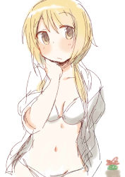 Rule 34 | 1girl, bikini, blonde hair, blush, closed mouth, commentary request, facing viewer, hand on own neck, hand up, ichii yui, long hair, navel, simple background, sketch, solo, swimsuit, tatsunokosso, twintails, white background, white bikini, yellow eyes, yuyushiki