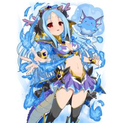 Rule 34 | 1girl, blue hair, bracer, character request, creature, dragon tail, facial mark, fire, forehead mark, kusaka souji, long hair, navel, official art, outstretched arm, outstretched hand, red eyes, skirt, solo, tail, thighhighs, transparent background, uchi no hime-sama ga ichiban kawaii