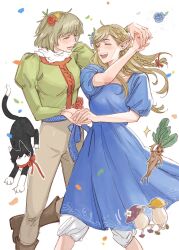 Rule 34 | 2girls, ^ ^, animal, blonde hair, blue dress, blue flower, blue rose, body fur, boots, braid, breasts, brown footwear, cat, closed eyes, deerwhisky, dress, dungeon meshi, elf, facing another, falin touden, falin touden (tallman), feet out of frame, flower, green shirt, grey hair, grey pants, hair flower, hair ornament, hand up, happy, highres, holding hands, juliet sleeves, knee boots, light brown hair, long hair, long sleeves, mandrake, marcille donato, multiple girls, mushroom, open mouth, pants, pants under dress, petals, pointy ears, puffy short sleeves, puffy sleeves, red flower, red rose, rose, sash, shirt, short hair, short sleeves, side braid, walking mushroom (dungeon meshi), white background, white pants