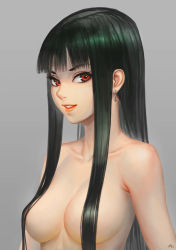Rule 34 | 1girl, absurdres, artist logo, black hair, breasts, collarbone, commentary, convenient censoring, darkmuleth, earrings, grey background, hair censor, hair over breasts, highres, jewelry, long hair, looking at viewer, medium breasts, nude, original, parted lips, red eyes, red lips, sidelocks, simple background, solo, upper body