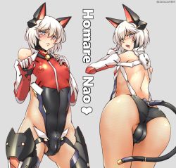Rule 34 | 1boy, androgynous, animal ears, ass, blush, bodysuit, boots, cat ears, character name, curvy, fake animal ears, fake tail, gloves, highres, homare nao, leotard, looking at viewer, looking back, male focus, multiple views, nipples, okutama tarou, shiny skin, short hair, simple background, skin tight, standing, sweat, tail, taimanin (series), taimanin rpgx, tears, trap, white hair