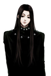 Rule 34 | 1boy, alternate costume, black eyes, black hair, commentary request, highres, hunter x hunter, illumi zoldyck, long hair, male focus, simple background, skywaltz05, solo, white background