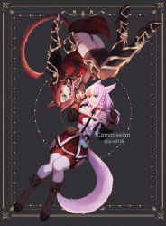 Rule 34 | 2girls, animal ears, armor, armored boots, warrior of light (ff14), belt, boots, braid, breasts, brown hair, cat ears, cat tail, collar, commission, facial mark, final fantasy, final fantasy xiv, fingerless gloves, garter straps, gauntlets, gloves, heterochromia, highres, hip armor, holding hands, long hair, looking at another, lyra-kotto, medium breasts, miqo&#039;te, multiple girls, pink hair, short hair, shoulder armor, smile, tail, tattoo, thighhighs
