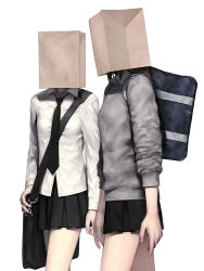 Rule 34 | 2girls, backpack, bag, bag on head, bag over head, iwai ryou, multiple girls, necktie, original, paper bag, randoseru, school uniform, skirt