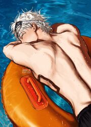 Rule 34 | 1boy, anjiliarts, back, back focus, bare back, black male swimwear, buoy, closed eyes, commentary, english commentary, goggles, goggles on head, gojou satoru, highres, jujutsu kaisen, lying, male focus, male swimwear, messy hair, muscular, muscular male, on stomach, pool, shadow, solo, summer, swim trunks, topless male, water, water drop, wet, wet hair, white hair