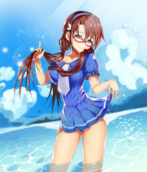 Rule 34 | 1girl, aqua eyes, bad id, bad pixiv id, blue eyes, blue sky, brown hair, clothes lift, day, dress, dutch angle, female focus, glasses, hairband, holding, holding hair, long hair, makinami mari illustrious, neon genesis evangelion, ratio (ratio-d), rebuild of evangelion, red-framed eyewear, skirt, skirt lift, sky, smile, solo, sparkle, twintails, wading, water, wet