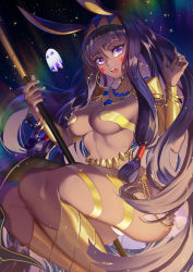 Rule 34 | 1girl, absurdres, animal ears, arm guards, armlet, armor, ass, bare shoulders, belly chain, blunt bangs, blush, boots, bracelet, breasts, capitan wei, chain, dark-skinned female, dark skin, earrings, egyptian, egyptian clothes, facepaint, facial mark, fate/grand order, fate (series), hair between eyes, hair tubes, hairband, highres, hoop earrings, jackal ears, jewelry, knee boots, long hair, looking at viewer, medium breasts, medjed (fate), nail polish, night, night sky, nitocris (fate), nitocris (third ascension) (fate), open mouth, pauldrons, purple eyes, purple hair, revealing clothes, shoulder armor, sidelocks, sky, solo, sparkle, staff, thighlet, thighs, usekh collar, very long hair