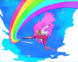 Rule 34 | ahi tb, blonde hair, blue sky, cloud, coat, donquixote doflamingo, flying, from below, grin, kicking, leg hair, looking at viewer, one piece, open clothes, open shirt, pants, pink coat, rainbow, red pants, shirt, short hair, sky, smile, string, sunglasses, white shirt
