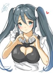Rule 34 | 1girl, alternate costume, black dress, blue eyes, breasts, calin, cleavage cutout, clothing cutout, commentary request, dated, dress, grey hair, heart, heart cutout, heart hands, highres, isuzu (kancolle), kantai collection, large breasts, long hair, looking at viewer, signature, simple background, solo, twintails, upper body, white background