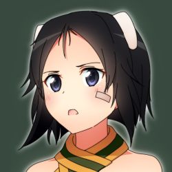 Rule 34 | 10s, 1girl, animal ears, anime coloring, bad id, bad pixiv id, bandage on face, bandages, bare shoulders, black hair, blue eyes, blush, brave witches, dog ears, green background, kanno naoe, mikomiko (mikomikosu), open mouth, portrait, scarf, short hair, simple background, solo, strike witches, upper body, world witches series
