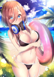 Rule 34 | 1girl, absurdres, arm under breasts, bare arms, bare shoulders, bikini, black bikini, blue eyes, blue sky, breasts, brown hair, bubble, cleavage, closed mouth, cloud, commentary request, cowboy shot, day, go-toubun no hanayome, groin, hair between eyes, hair over shoulder, headphones, headphones around neck, highres, innertube, large breasts, lens flare, long hair, looking at viewer, nakano miku, nari (narikashi), navel, ocean, outdoors, palm leaf, sky, solo, stomach, sun, sunlight, swim ring, swimsuit, thighs, water, wet