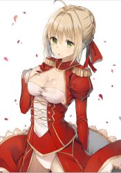 Rule 34 | 10s, 1girl, :o, ahoge, blonde hair, blush, braid, breasts, cameltoe, cleavage, cleavage cutout, clothing cutout, corset, cowboy shot, dress, embarrassed, epaulettes, eyebrows, fate/extra, fate (series), green eyes, hair between eyes, hair ribbon, hand on own chest, highres, juliet sleeves, long sleeves, looking at viewer, md5 mismatch, medium breasts, nero claudius (fate), nero claudius (fate) (all), nero claudius (fate/extra), open mouth, panties, petals, puffy sleeves, red dress, red ribbon, resolution mismatch, revision, ribbon, rose petals, rurikoma, short hair, simple background, solo, source larger, underwear, waist cape, white background, white panties