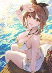 Rule 34 | 1girl, :d, arm up, atelier (series), atelier ryza, atelier ryza 1, bikini, black hairband, bow hairband, breasts, brown eyes, brown hair, cleavage, commentary request, from side, hair ornament, hairband, hairclip, highres, jewelry, large breasts, looking at viewer, necklace, official art, open mouth, ouri (aya pine), outdoors, partially submerged, reisalin stout, short hair, short shorts, shorts, side-tie bikini bottom, sitting, smile, solo, star (symbol), star necklace, swimsuit, teeth, upper teeth only, water, wet, white shorts, yellow bikini