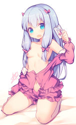 Rule 34 | 10s, 1girl, ao jun, artist name, blue eyes, blue hair, bow, breasts, cellphone, eromanga sensei, hair bow, hair censor, hair over breasts, holding, holding phone, izumi sagiri, long hair, looking at viewer, low-tied long hair, navel, nipples, open mouth, phone, pink bow, recursion, selfie, signature, simple background, sitting, small breasts, smartphone, solo, spread legs, thighs, wariza, white background
